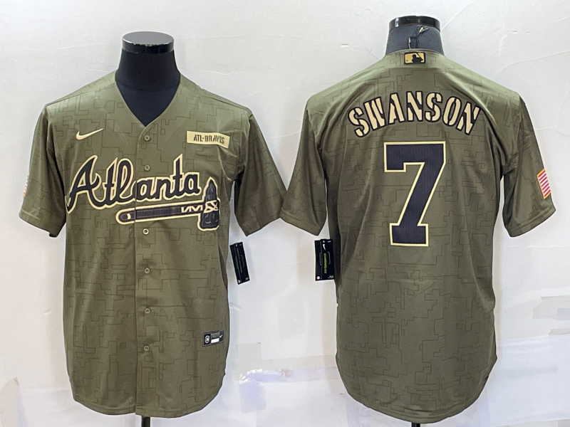Men's Atlanta Braves #7 Dansby Swanson Camo Salute To Service Cool Base Stitched Jersey